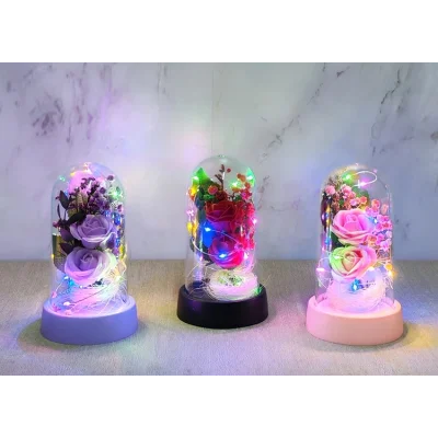 BUĞZ Işıklı Müzikli Romantik Fanus Tekli Gül