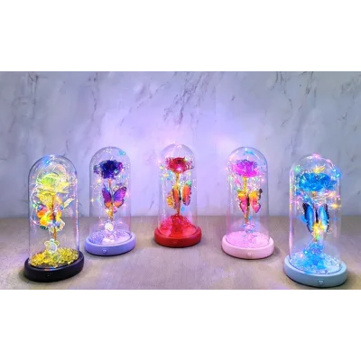 BUĞZ Işıklı Müzikli Romantik Kelebekli Fanus içinde Gül