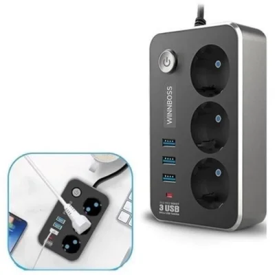  Isıya Dayanıklı Termal Akım Korumalı 2 Mt 10A 2500W 3lü Priz ve 3 Usbi 21A Uzatma Kablosu