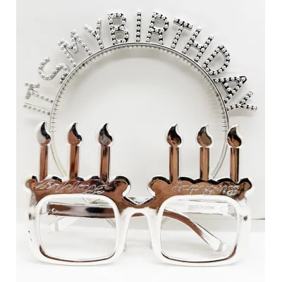 BUĞZ İts My Birthday Yazılı Taç ve Mum Şekilli Gözlük Seti Gümüş Renk