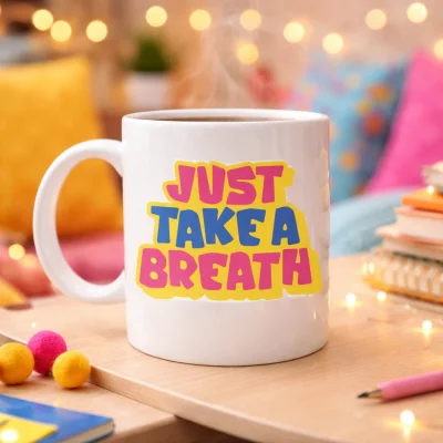 BUĞZ Just Take a Breath Yazılı Porselen Kupa MODEL 140 – Motivasyon & Sakinleştirici Tasarım – Renkli Modern Kahve Kupası – Hediye Seçeneği