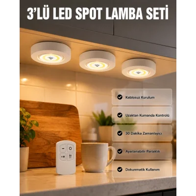 BUĞZ Kablosuz 3 Lü Spot Led Lamba Seti Uzaktan Kumandalı Enerji Tasarruflu Aydınlatma