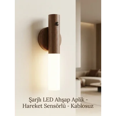 BUĞZ Kablosuz Ahşap Renk LED Duvar Lambası Şarjlı Hareket Sensörlü Günışığı Lüks Aplik