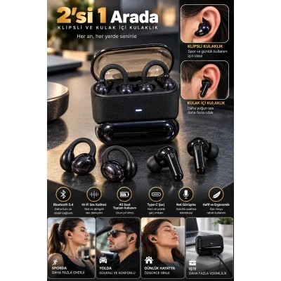 BUĞZ Kablosuz Bluetooth Kulaklık 4 Kulaklıklı 2’si 1 Arada Siyah - BUĞZ