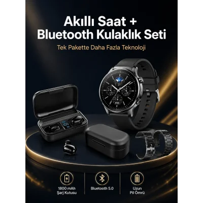 BUĞZ Kablosuz Bluetooth Kulaklık ve Kordon Hediyeli Akıllı Saat Nabız Ölçer Uzun Pil Ömrü