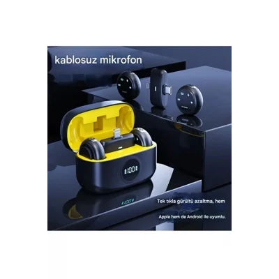 BUĞZ Kablosuz Profesyonel İkili Yayın Yaka Mikrofonu Şarj Kutu Mıknatıslı Typce Lightning Çıkış Mikrofon - Lisinya