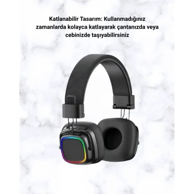 BUĞZ Kablosuz RGB Işıklı Katlanabilir Bluetooth Kulak Üstü Kulaklık - BUĞZ