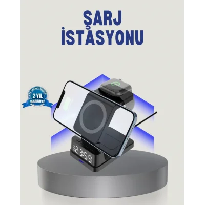 BUĞZ Kablosuz Şarj Cihazı ve Dijital Saat – 4’ü 1 Arada Hızlı Şarj, Apple Uyumlu, LED Işıklı Tasarım
