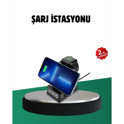 BUĞZ Kablosuz Şarjlı Dijital Masa Saati – 3 Parlaklık Seviyeli LED, Hızlı Şarj, Apple Uyumlu