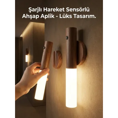 BUĞZ Kablosuz Şarjlı LED Ahşap Renk Lüks Aplik Hareket Sensörlü Günışığı Duvar Lambası