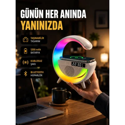 BUĞZ Kablosuz Şarjlı LED Masa Lambası Çalar Saat ve Beyaz Gürültü Özellikli