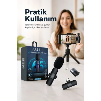 BUĞZ Kablosuz Yaka Mikrofonu Telefon İçin USB-C Lightning Adaptörlü Kompakt Kayıt Cihazı