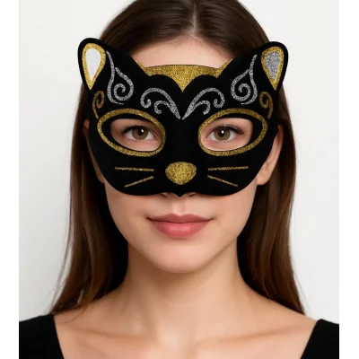 BUĞZ Kadife Dokulu Sim Detaylı Işıltılı Kedi Maskesi Altın Gümüş 20x13 Cm