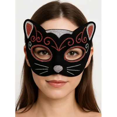 BUĞZ Kadife Dokulu Sim Detaylı Işıltılı Kedi Maskesi Kırmızı Gümüş 20x13 cm