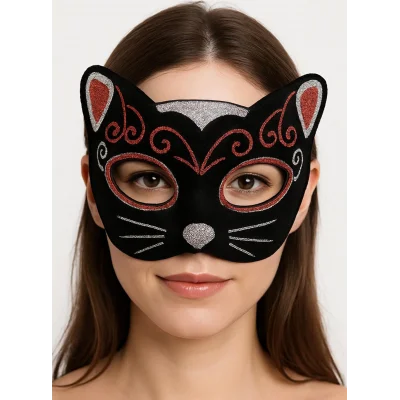  Kadife Dokulu Simli Kedi Maskesi Kırmızı Gümüş Detaylı