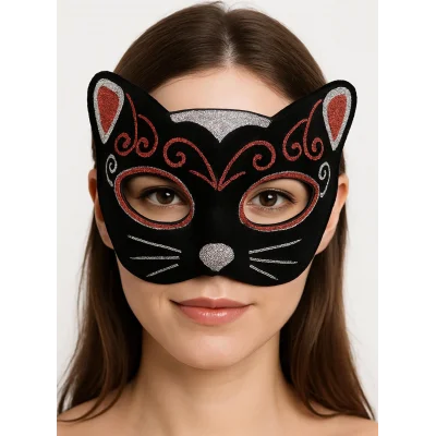 BUĞZ Kadife Dokulu Simli Kedi Maskesi Kırmızı Gümüş Detaylı