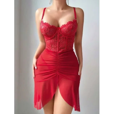 BUĞZ Kadın Ateş Kırmızısı Önden Yırtmaçlı Tül Fantezi Gecelik 2241