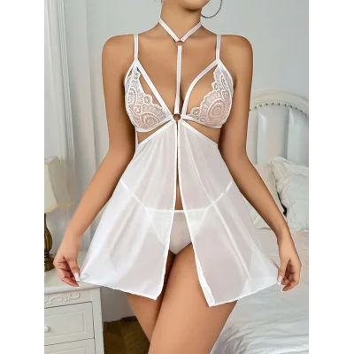 BUĞZ Kadın Beyaz Fantezi Gecelik Kısa Tül Boyundan bağlamalı Göğüs Dekolteli 2163