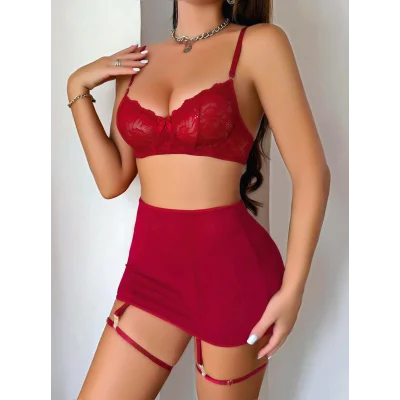 BUĞZ Kadın Bordo Etek Fantezi Jartiyer Sexy Gecelik Takım 2151
