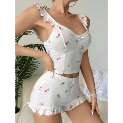 BUĞZ Kadın Gül ve Kiraz Desenli Şortlu Gecelik Takım 5112