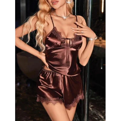 BUĞZ Kadın Kahverengi Askılı Dantel saten Üst Pijama Takımı 2228