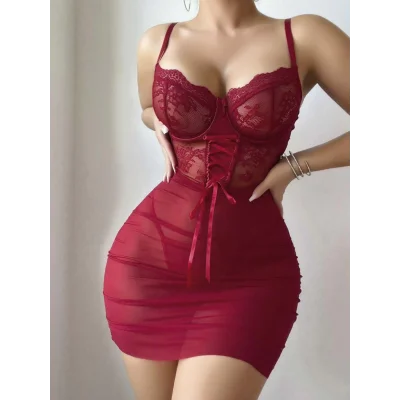 BUĞZ Kadın Kırmızı Fantezi Gecelik Tül Dantel Fiyonk Detaylı Askılı 2209