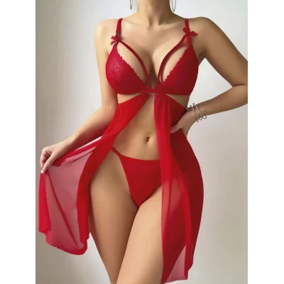 BUĞZ Kadın Kırmızı Fantezi Gecelik Tül Göğüs Dekolteli Önü açık 2194