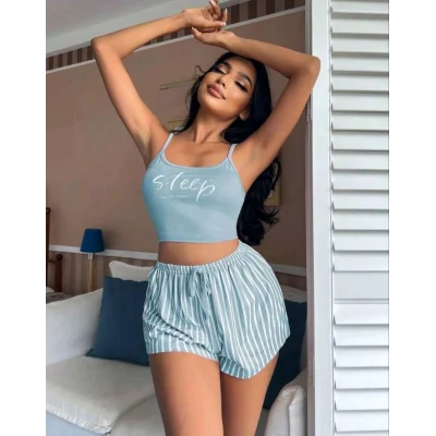 BUĞZ Kadın Mavi Çizgili Desenli Askılı Şortlu Pijama Takım 5001