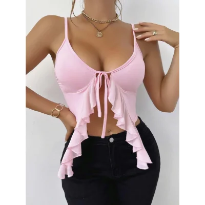 BUĞZ Kadın Pembe Crop Askılı Önden Bağlama Fırfır detaylı 5090