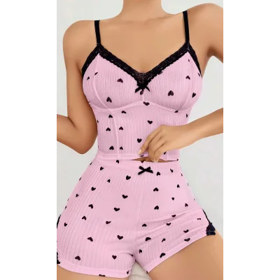 BUĞZ Kadın Pembe Kalp Desenli Askılı Şortlu Pijama Takım 5013