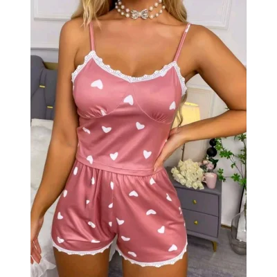 BUĞZ Kadın Pudra Kalp Desenli Seksi Gecelik Takım 5019