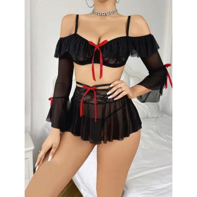 BUĞZ Kadın Siyah Etek Bustiyer Sexy Gecelik Takım 2157