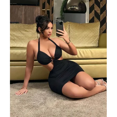 BUĞZ Kadın Siyah Halka Detaylı Göğüs Dekolteli Boyun ve Sırttan Bağlamalı Gece Elbisesi Gecelik Fantezi Elbise 5115