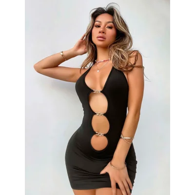 BUĞZ Kadın Siyah Halter Yaka  Akseusar Detaylı Boyundan Bağlamalı Fantezi Elbise 5138