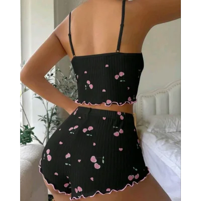 BUĞZ Kadın Siyah Kiraz Desenli Seksi Gecelik Takım 9003