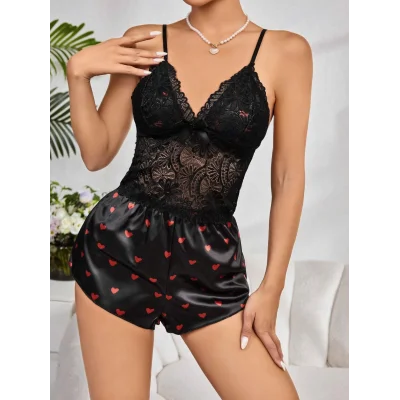 BUĞZ Kadın Siyah Kırmızı Kalp Desenli Saten Şort Pijama Takımı 2232