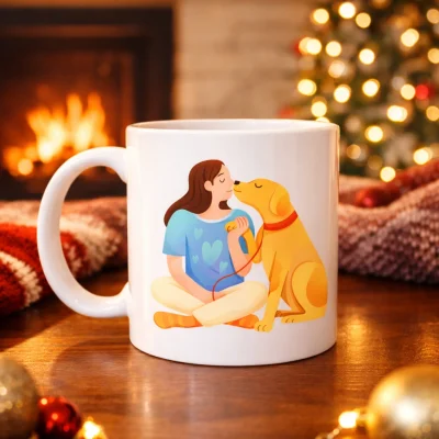BUĞZ Kadın ve Köpek Figürlü Sevgi Temalı Porselen Kupa MODEL 78 – Hayvanseverlere Özel Anlamlı Tasarım Kahve Kupası