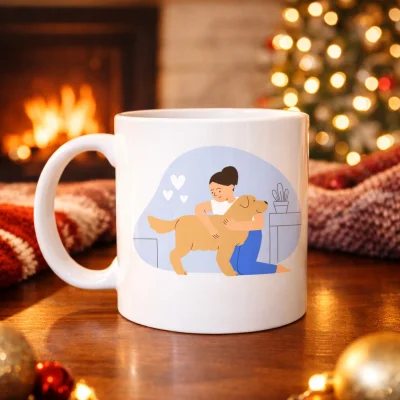 BUĞZ Kadın ve Köpek Figürlü Sevgi Temalı Porselen Kupa MODEL 79 – Hayvanseverlere Özel Anlamlı Tasarım Kahve Kupası