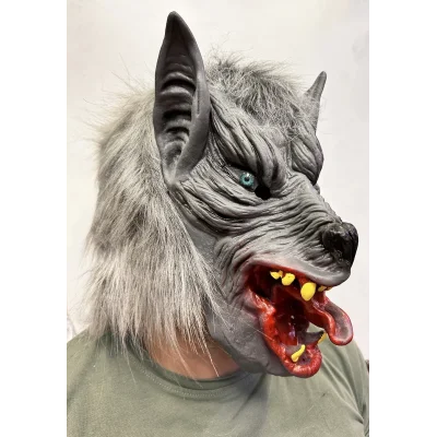  Kafaya Tam Geçmeli Lateks Dil Çıkaran Mavi Gözlü Kurt Maskesi