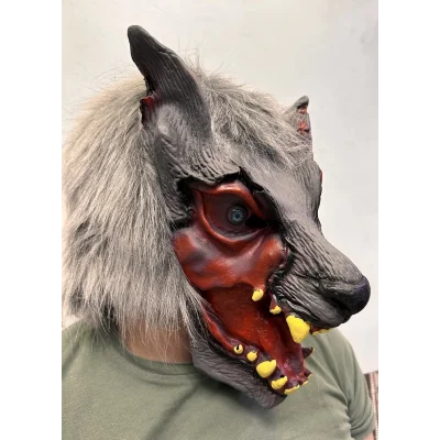 BUĞZ Kafaya Tam Geçmeli Lateks Dişli Ağzı Açık Kurt Maskesi