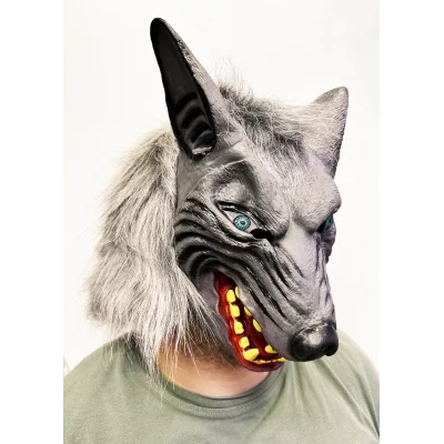 BUĞZ Kafaya Tam Geçmeli Lateks Mavi Gözlü Dişli Ağzı Açık Kurt Maskesi