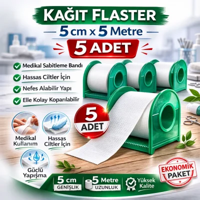 BUĞZ Kağıt Flaster 5 cm x 5 m 5 Adet Medikal Sabitleme Bandı Hassas Ciltler İçin