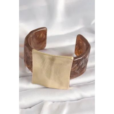 BUĞZ Kahverengi Mermer Desen Akrilik Plastik Gold Kare Plaka Model Vintage Kadın Bilezik - Lisinya