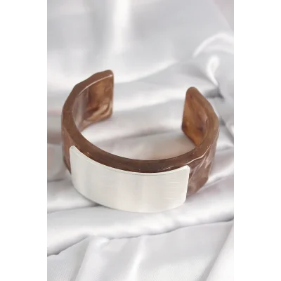 BUĞZ Kahverengi Mermer Desen Akrilik Plastik Gümüş Dikdörtgen Plaka Vintage Kadın Bilezik - Lisinya