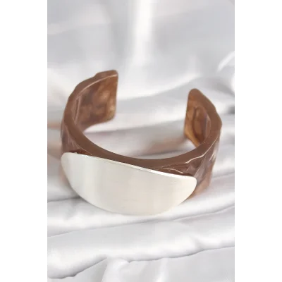 BUĞZ Kahverengi Mermer Desen Akrilik Plastik Gümüş Oval Plaka Model Vintage Kadın Bilezik - Lisinya