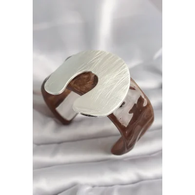 BUĞZ Kahverengi Mermer Desen Akrilik Plastik Gümüş Plaka Model Vintage Kadın Bilezik