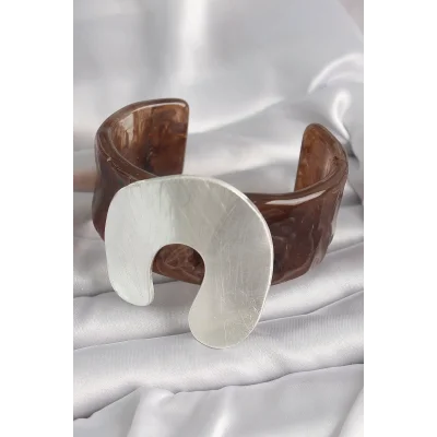 BUĞZ Kahverengi Mermer Desen Akrilik Plastik Gümüş Plaka Model Vintage Kadın Bilezik - Lisinya