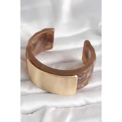 BUĞZ Kahverengi Mermer Desen Akrilik Platik Gold Dikdörtgen Plaka Model Vintage Kadın Bilezik - Lisinya