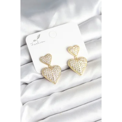BUĞZ Kalp Model Zirkon Taşlı Gold Renk Pirinç Kadın Küpe