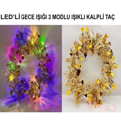  Kalp Püsküllü 3 Modlu LED Işıklı Taç Altın Renk